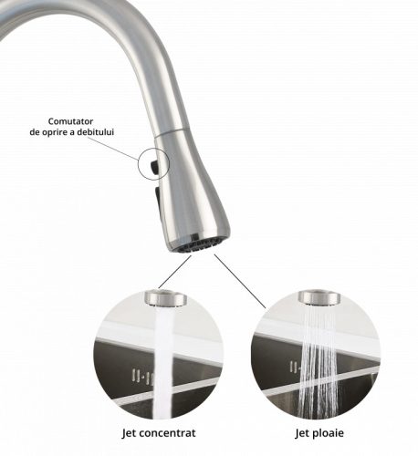 Hattyúnyakú mosogató INOX csaptelep kihúzható két funkciós zuhanyfejjel