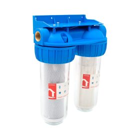   Poharas vízszűrő 10", 3/4"-es bekötéssel, 2 részes, tartóval, szerelő kulcsal, mosható szűrő 50 μm/szénszűrő 5 μm, max.: 10 bar, hőfok: 5 - 45°C