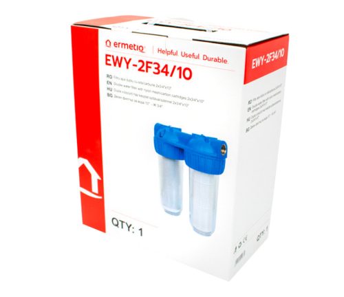 Poharas vízszűrő 10", 3/4"-es bekötéssel, 2 részes, tartóval, szerelő kulcsal, mosható szűrő 50 μm/szénszűrő 5 μm, max.: 10 bar, hőfok: 5 - 45°C