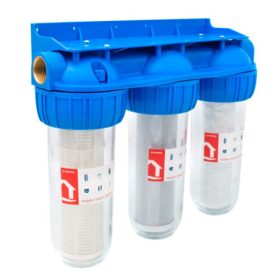   Poharas vízszűrő 10", 1"-es bekötéssel, 3 részes, szerelő kulcs, tartó, szénszűrő-5 μm, pamutszűrő-25 μm, mosható szűrő-50 μm, max.: 10 bar, hőfok: 5 - 45°C