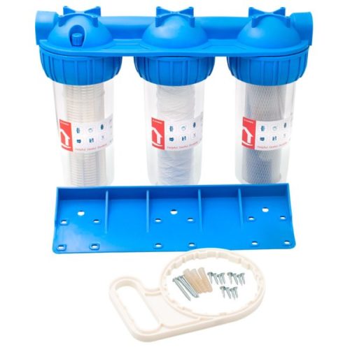 Poharas vízszűrő 10", 1"-es bekötéssel, 3 részes, szerelő kulcs, tartó, szénszűrő-5 μm, pamutszűrő-25 μm, mosható szűrő-50 μm, max.: 10 bar, hőfok: 5 - 45°C