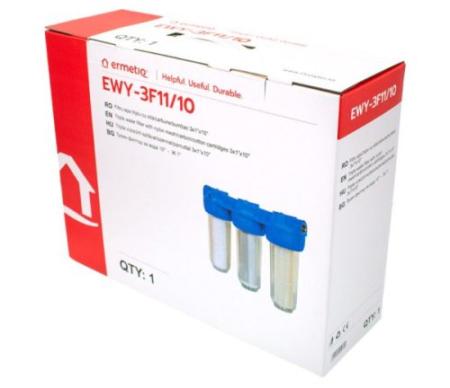 Poharas vízszűrő 10", 1"-es bekötéssel, 3 részes, szerelő kulcs, tartó, szénszűrő-5 μm, pamutszűrő-25 μm, mosható szűrő-50 μm, max.: 10 bar, hőfok: 5 - 45°C