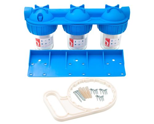 Poharas vízszűrő 5", 1"-es bekötéssel, 3 részes, szerelő kulcs, tartó, szénszűrő-5 μm, pamutszűrő-25 μm, mosható szűrő-50 μm, max.: 10 bar, hőfok: 5 - 45°C