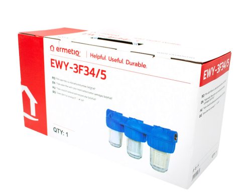 Poharas vízszűrő 5", 3/4"-es bekötéssel, 3 részes, szerelő kulcs, tartó, szénszűrő-5 μm, pamutszűrő-25 μm, mosható szűrő-50 μm, max.: 10 bar, hőfok: 5 - 45°C