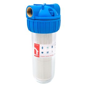   Poharas vízszűrő 10", 1"-os bekötéssel, szerelő kulcs, tartó, mosható szűrőbetét 50 μm, max.: 10 bar, hőfok: 5 - 45°C