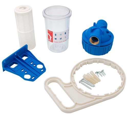 Poharas vízszűrő 7", 1"-os bekötéssel, szerelő kulcs, tartó, mosható szűrőbetét 50 μm, max.: 10 bar, hőfok: 5 - 45°C