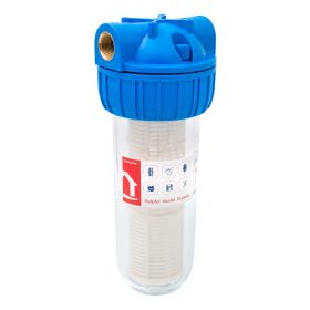   Poharas vízszűrő 10", 3/4"-es bekötéssel, szerelő kulcs, tartó, mosható szűrőbetét 50 μm, max.: 10 bar, hőfok: 5 - 45°C