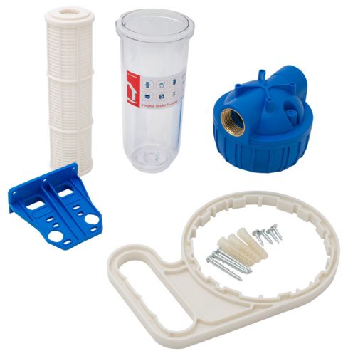 Poharas vízszűrő 10", 3/4"-es bekötéssel, szerelő kulcs, tartó, mosható szűrőbetét 50 μm, max.: 10 bar, hőfok: 5 - 45°C