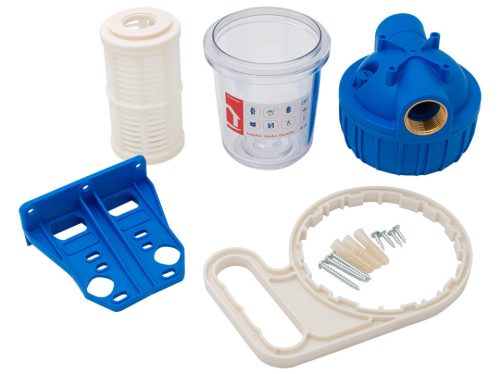 Poharas vízszűrő 5", 3/4"-es bekötéssel, szerelő kulcs, tartó, mosható szűrőbetét 50 μm, max.: 10 bar, hőfok: 5 - 45°C