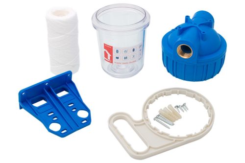 Poharas vízszűrő 5", 3/4"-es bekötéssel, szerelő kulcs, tartó, pamutszűrő 25 μm, max.:10 bar, hőfok: 5 - 45°C