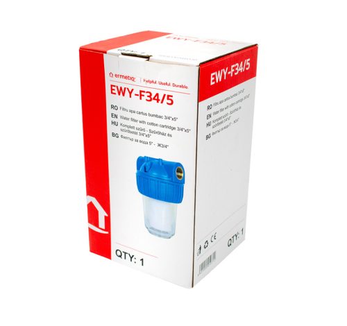 Poharas vízszűrő 5", 3/4"-es bekötéssel, szerelő kulcs, tartó, pamutszűrő 25 μm, max.:10 bar, hőfok: 5 - 45°C