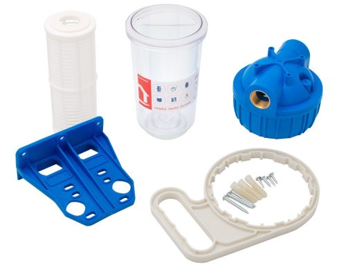 Poharas vízszűrő 7", 3/4"-es bekötéssel, szerelő kulcs, tartó, mosható szűrőbetét 50 μm, max.: 10 bar, hőfok: 5 - 45°C