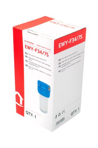 Poharas vízszűrő 7", 3/4"-es bekötéssel, szerelő kulcs, tartó, mosható szűrőbetét 50 μm, max.: 10 bar, hőfok: 5 - 45°C